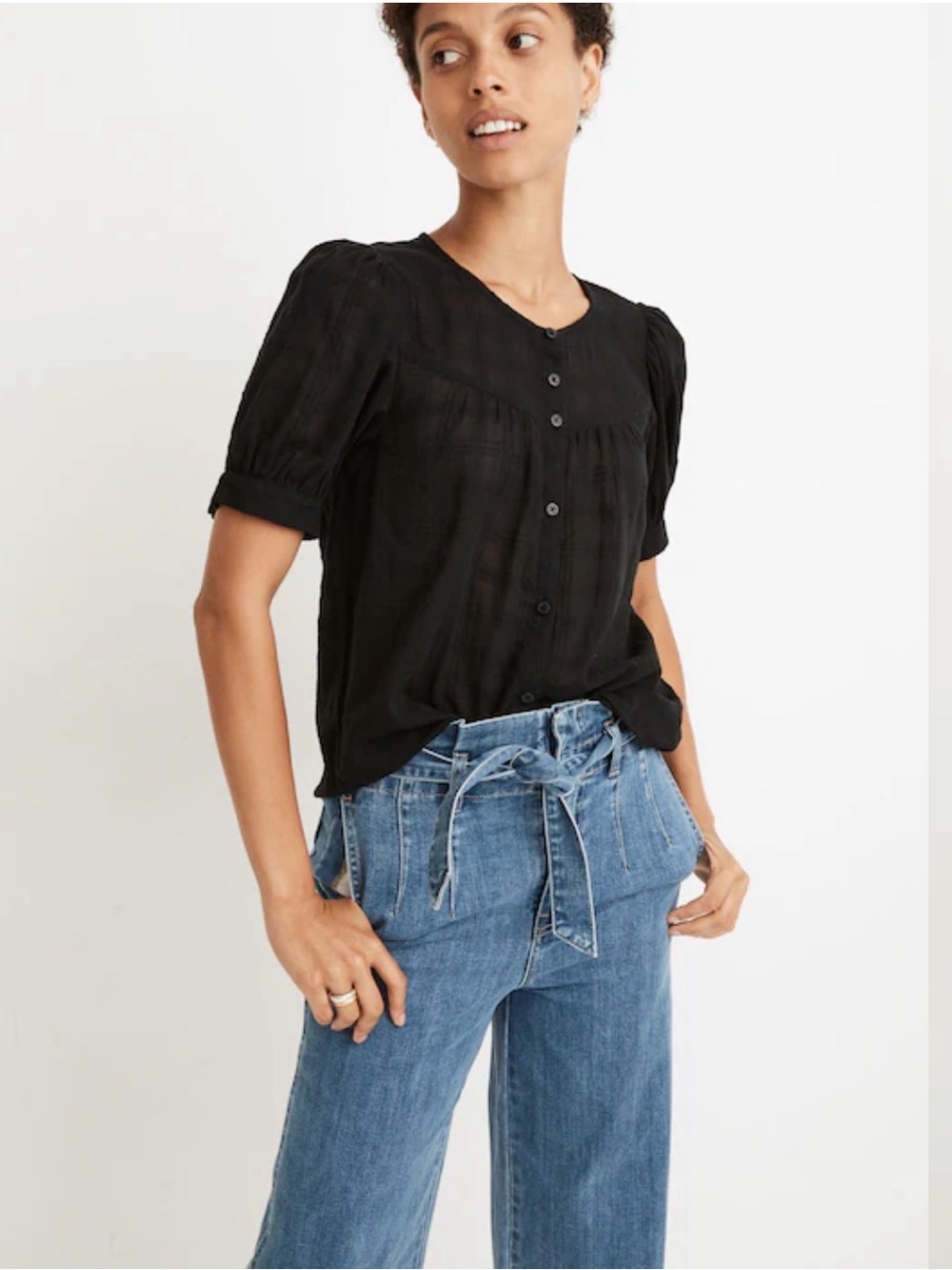 Madewell Puff-Sleeve Yoke Button-Front Top in Textured Plaid